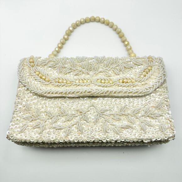 Vintage Ivory Silk Bead Sequin Double Flap Evening Top Handle Bag Hong Kong - Picture 9 of 9
